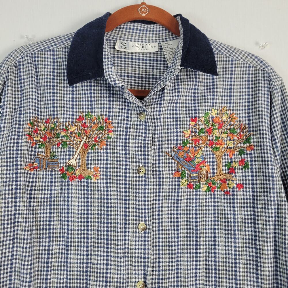 Vtg 90s Plaid Embroidered Long Sleeve Button Up Top sz PL Contrast Collar Fall